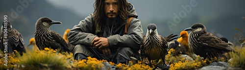 A lone wanderer sits on a rocky hilltop, surrounded by a variety of birds. The man is wearing a worn cloak and has a long beard.