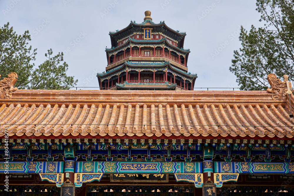 Tower of Buddhist Incense (Foxiangge) on the Longevity Hill of The Summer Palace, complex of gardens and palaces in Beijing, China Tower of Buddhist Incense (Foxiangge) on the Longevity Hill of The Summer Palace, complex of gardens and palaces in Beijing, China