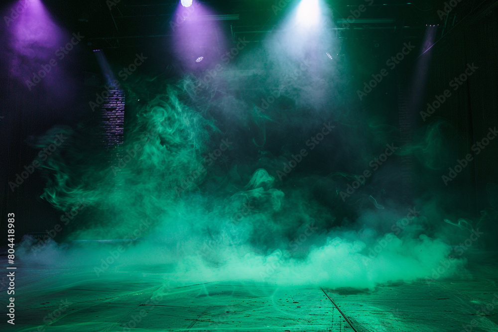 A stage shrouded in pale mint green smoke under a deep purple spotlight, offering a fresh, soothing atmosphere.
