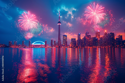 Fireworks lighting up the night sky over iconic Canadian landmarks on July 1st