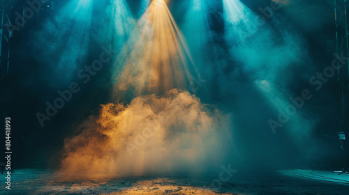 A stage shrouded in warm amber smoke under a pale blue spotlight, offering a cozy, inviting visual.