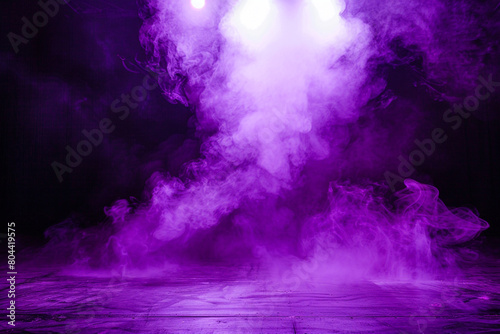 A stage with rich purple smoke illuminated by a bright silver spotlight  giving a regal and luxurious appearance.