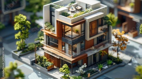 Clean minimalist house isometric model of small apartment and modern town house 3 floors