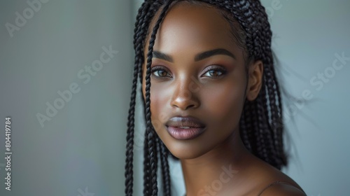 Close up cosmetic beauty portrait of African woman showing long black braided hairstyle. Concept for Cosmetic make-up product