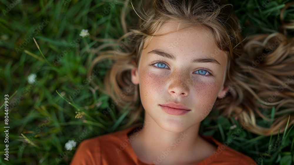 Pretty young teenage girl laying on a grass. Concepts of spring season Pretty young teenage girl laying on a grass. Concepts of spring season
