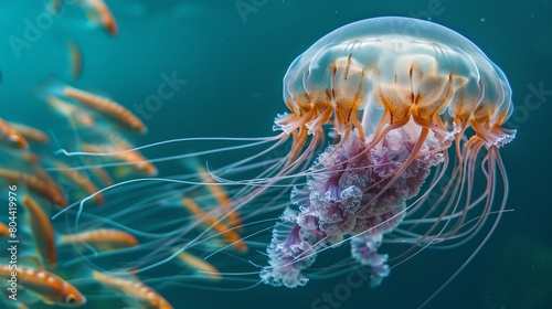A scene captured in the blue waters of Cornwall, England, featuring a Compass Jellyfish displaying its tentacles and bell alongside a juvenile horse mackerel. 