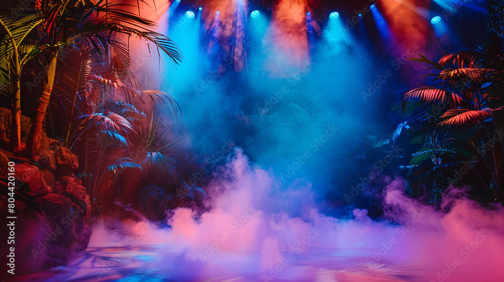 A stage with thick coral smoke under a sky blue spotlight, providing a lively, tropical feel.