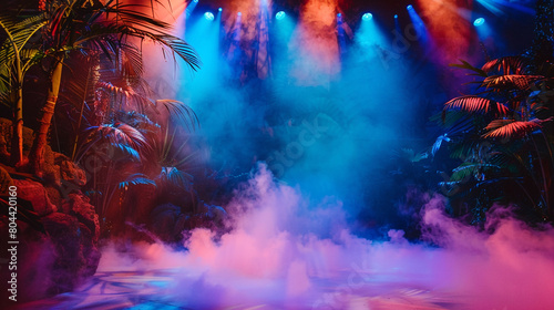 A stage with thick coral smoke under a sky blue spotlight  providing a lively  tropical feel.