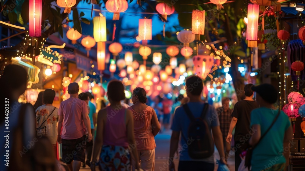 Fototapeta premium A group of people walking down a street lined with colorful paper lanterns hanging overhead.