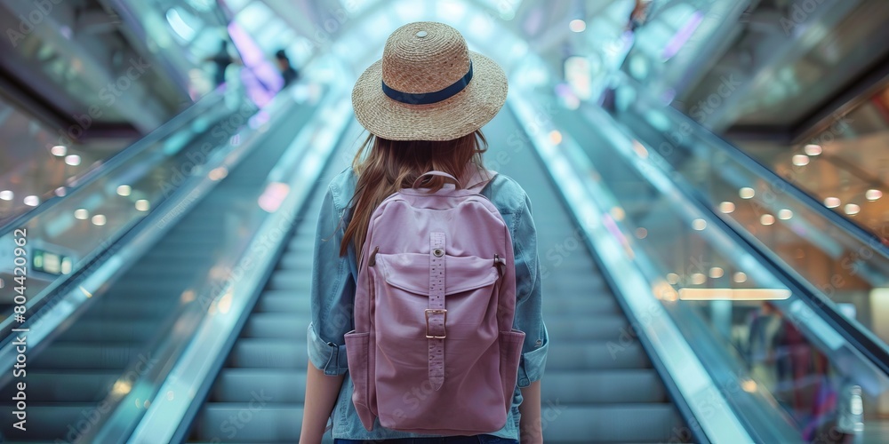 High angle full body of anonymous girl wearing straw hat and lilac backpack standing alone on moving escalator at airport