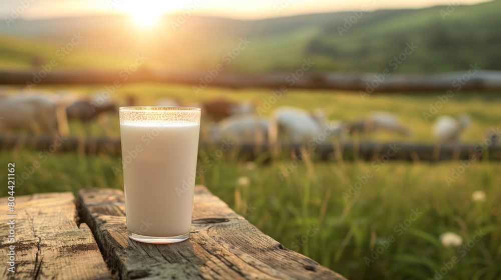 Fresh goat milk displayed on a farm, on a rustic wooden table, with a blurred background of happy goats Fresh goat milk displayed on a farm, on a rustic wooden table, with a blurred background of happy goats