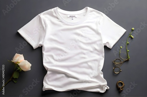White T shirt mockup cotton apparel, isolated with green leaves flower on background. Design plain Tshirt template, T-shirt business print presentation mock up Top view flat tee lay. 