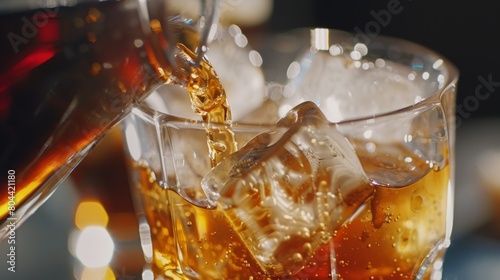 A closeup of a cold brew coffee being poured into a glass with ice cubes clinking together.