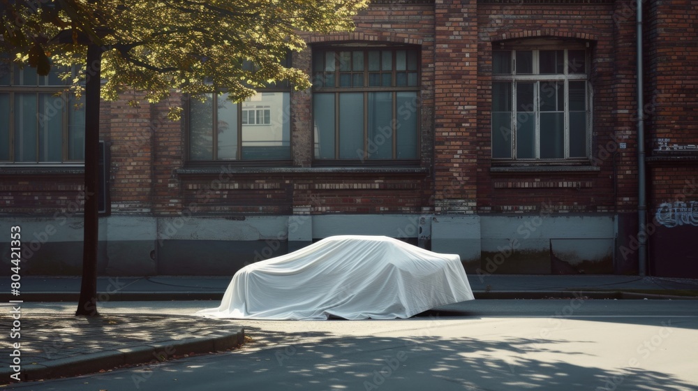 Passenger car draped in a white sheet parked on a city sidewalk Passenger car draped in a white sheet parked on a city sidewalk