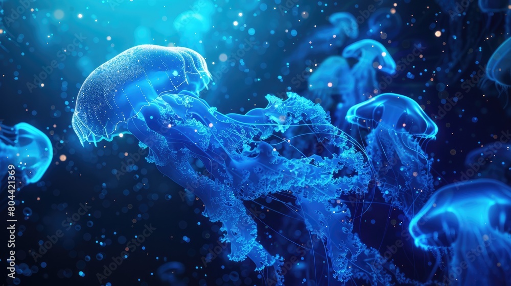 Bioluminescent jellyfish swimming in deep blue ocean waters Bioluminescent jellyfish swimming in deep blue ocean waters