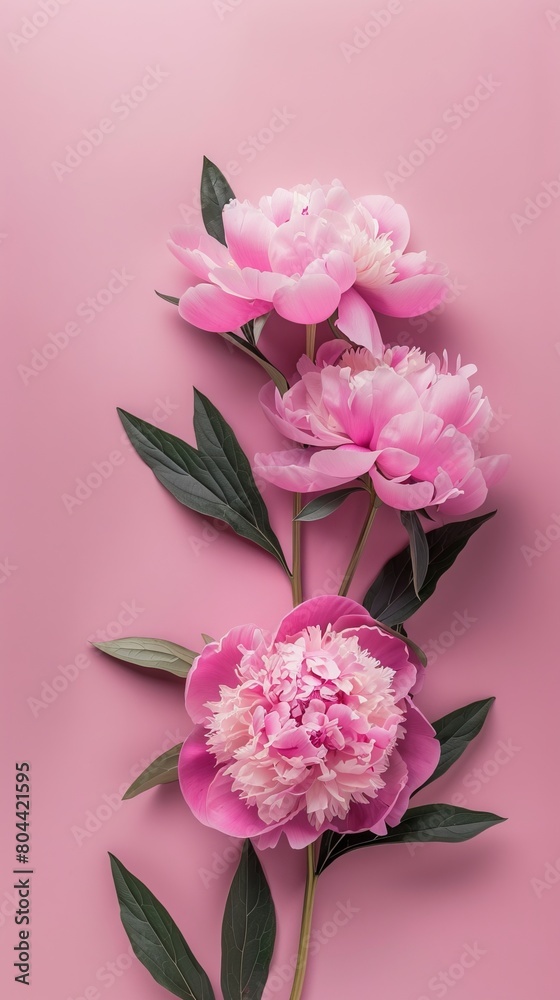 Tender peonies on pink background with copy space. Abstract natural floral frame layout with text space. Romantic feminine composition. Wedding invitation. International Women day, Mot