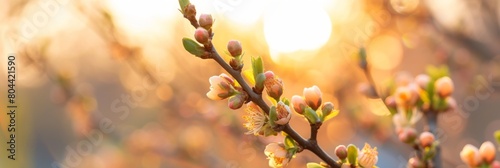 Young peach tree covered with small budding peaches