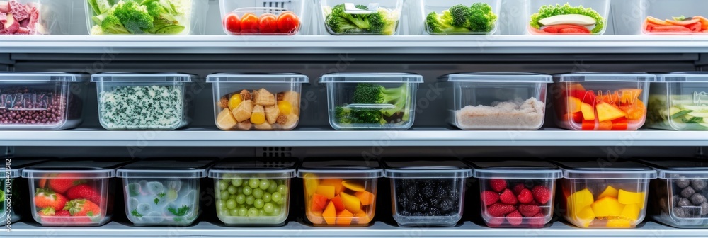 Neatly sorted lunch boxes stored in containers on refrigerator shelves