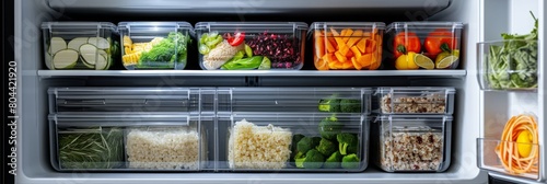 Neatly sorted lunch boxes stored in containers on refrigerator shelves photo