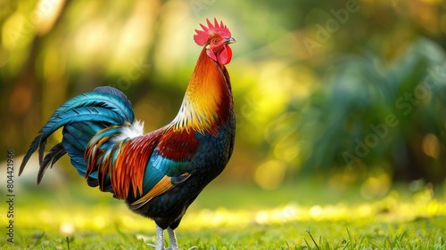 Colorful rooster standing proudly in sunlight with lush green background © Artyom