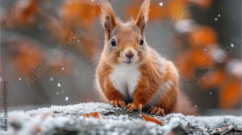 Eurasian red squirrel (Sciurus vulgaris) eating a nut on the ground covered with fallen leaves; Bavaria, Germany