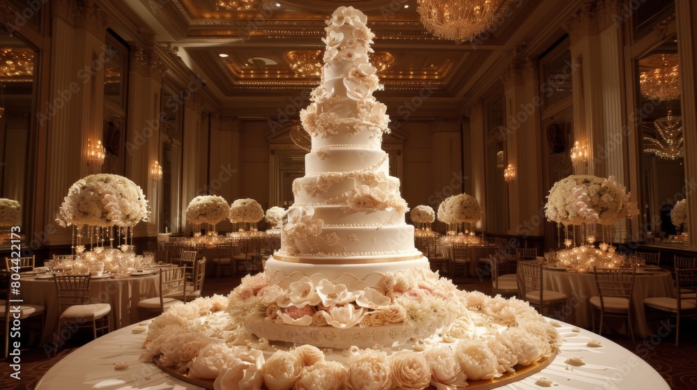 Multi tiered wedding cake and luxurious decoration