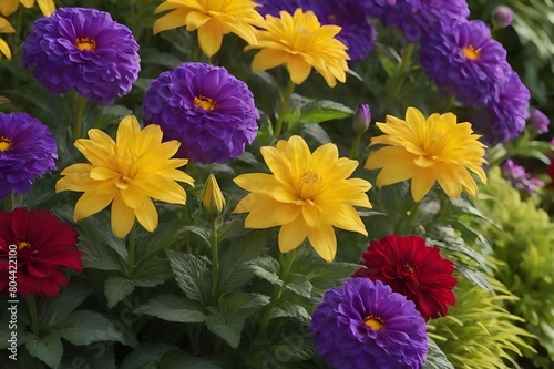 Bright and vivid flowers in bloom within a garden Blooming summer flowers in an English garden flowerbed