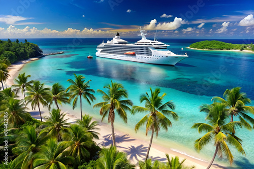 a remote tropical island with white sand, coconut trees and clear sea water with a luxury cruise ship docked in the harbor photo