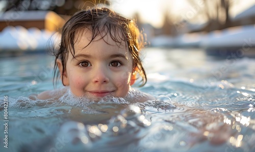Young girl playing and swimming in an outdoor pool in winter.