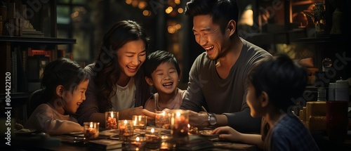 A happy family is sitting around a table, laughing and talking. There are candles on the table. The family is enjoying each other's company.