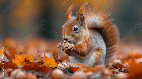Eurasian red squirrel  Sciurus vulgaris  eating a nut on the ground covered with fallen leaves  Bavaria  Germany