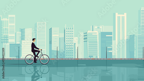 copy space, flat vector illustration, handdrawn, man in suit riding a bike, office buildings in the background, bright colors. Eco friendly transport, environmental friendly transportation, zero emiss