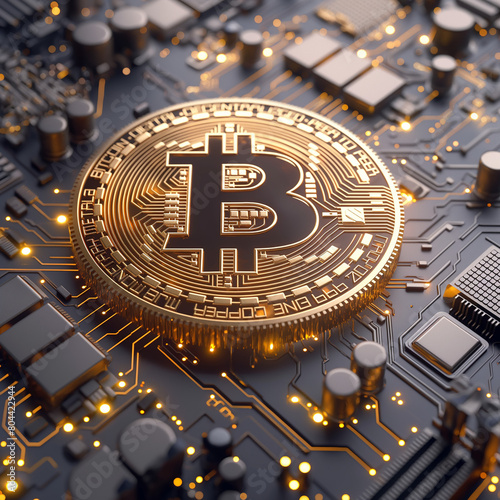 A gold Bitcoin sits on a black circuit board with gold and yellow lights shining from the board photo