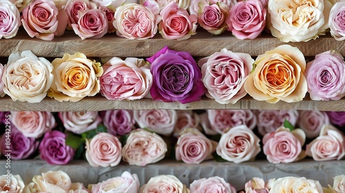   A close-up of a variety of colorful flowers arranged on a wooden shelf  set against a backdrop of different hues