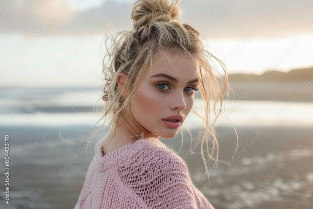 Portrait of blonde beautiful woman posing on the beach Portrait of blonde beautiful woman posing on the beach