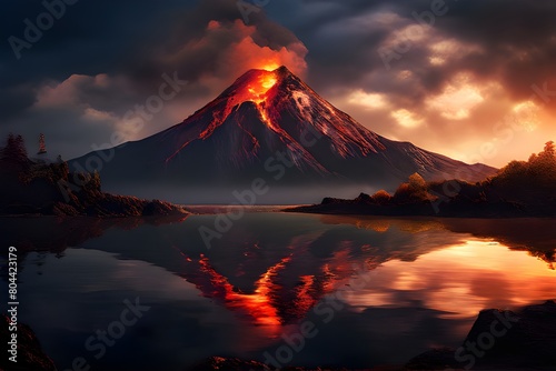 diagram showing a volcano erupting close to the river photo