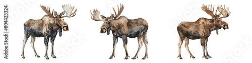 moose set  Moose, wild deer Concept design of animals Moose side view profile. Isolated illustration on white background watercolor style. Vintage retro print, poster, icon