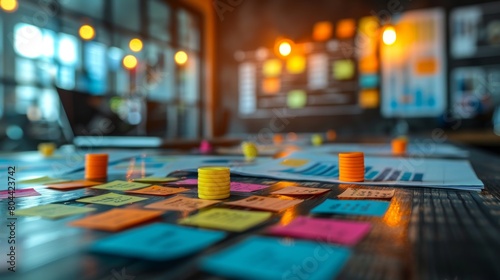 Wallpaper Mural A creative workspace with colorful sticky notes and stacks of coins on the table representing digital marketing plan development Torontodigital.ca