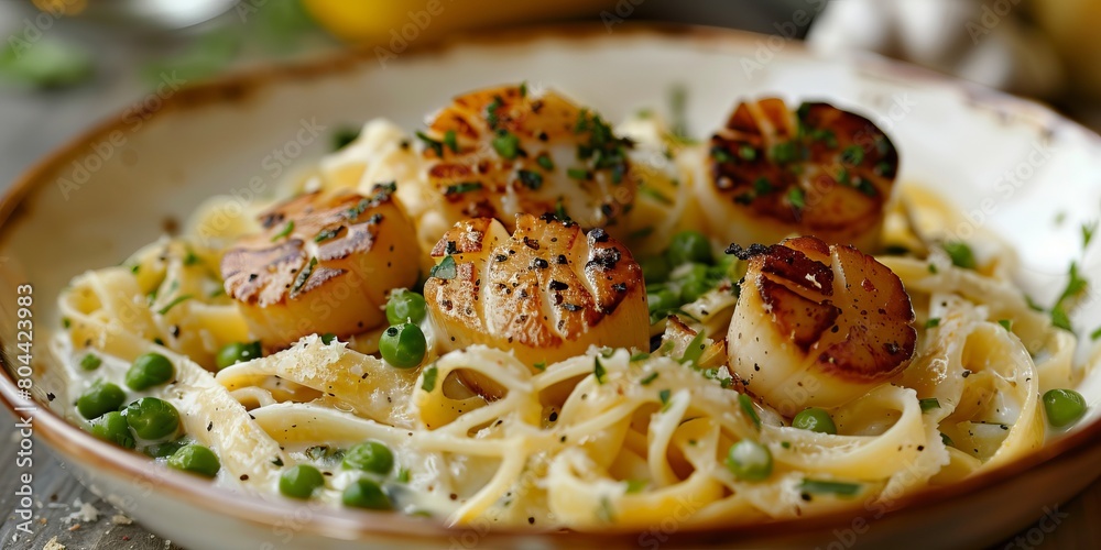 Fettuccine noodles with scallops and peas Fettuccine noodles with scallops and peas