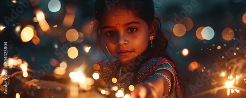 Indian pretty young girl playing with sparklers in diwali festival night