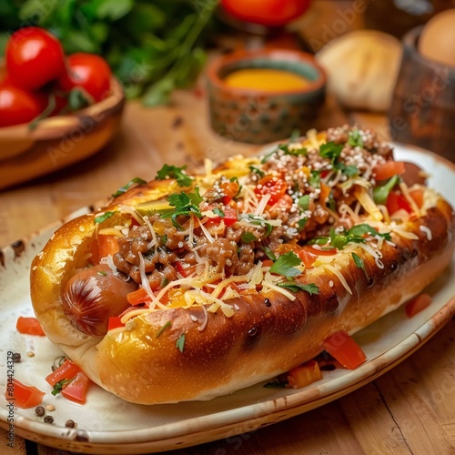 A hot dog with lots of toppings is on a plate
