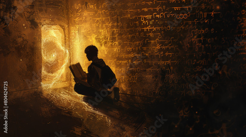 A digital painting of a scholar studying ancient texts under the light of a supernova, which casts shadows forming words of wisdom on the walls. 