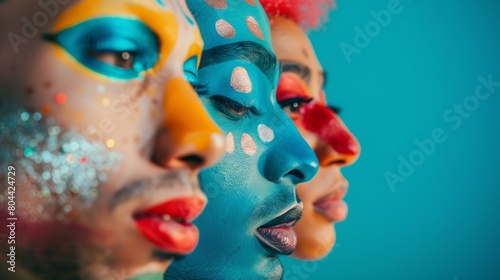A group of men with different ual orientations proudly embracing their identities and expressing themselves through bold unconventional makeup looks.