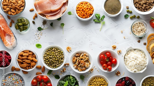 Craft a photorealistic birds-eye view of a dog enjoying a balanced diet  surrounded by fresh  wholesome ingredients with a focus on the contrast against a pure  bright white canvas