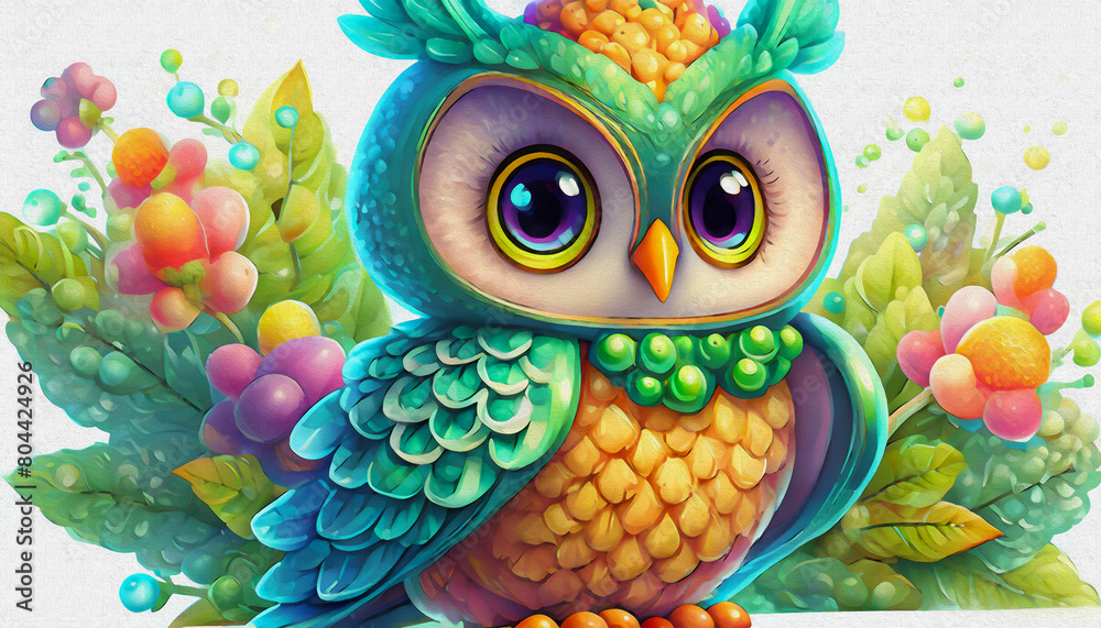 Naklejka premium CARTOON CHARACTER CUTE baby owl closeup isolated on white background, top view