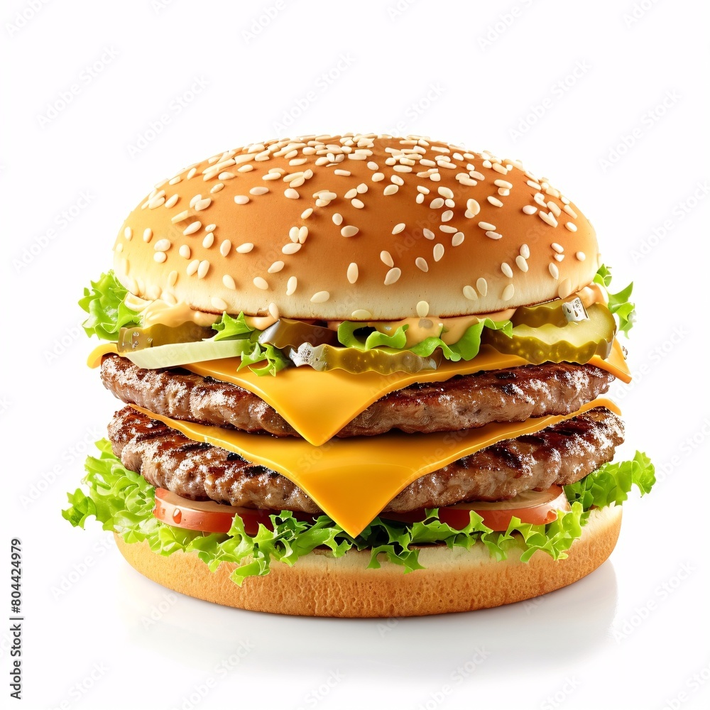 A large hamburger with lettuce, tomato, and onions