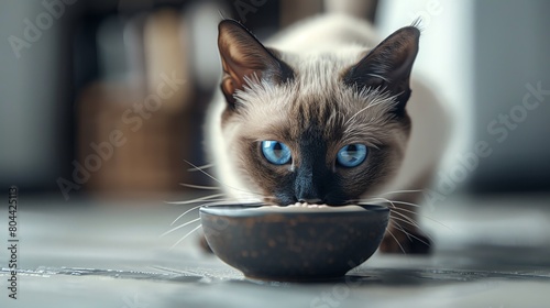 Design an endearing scene of a sleek Siamese cat peering at a freshly poured bowl of creamy milk photo