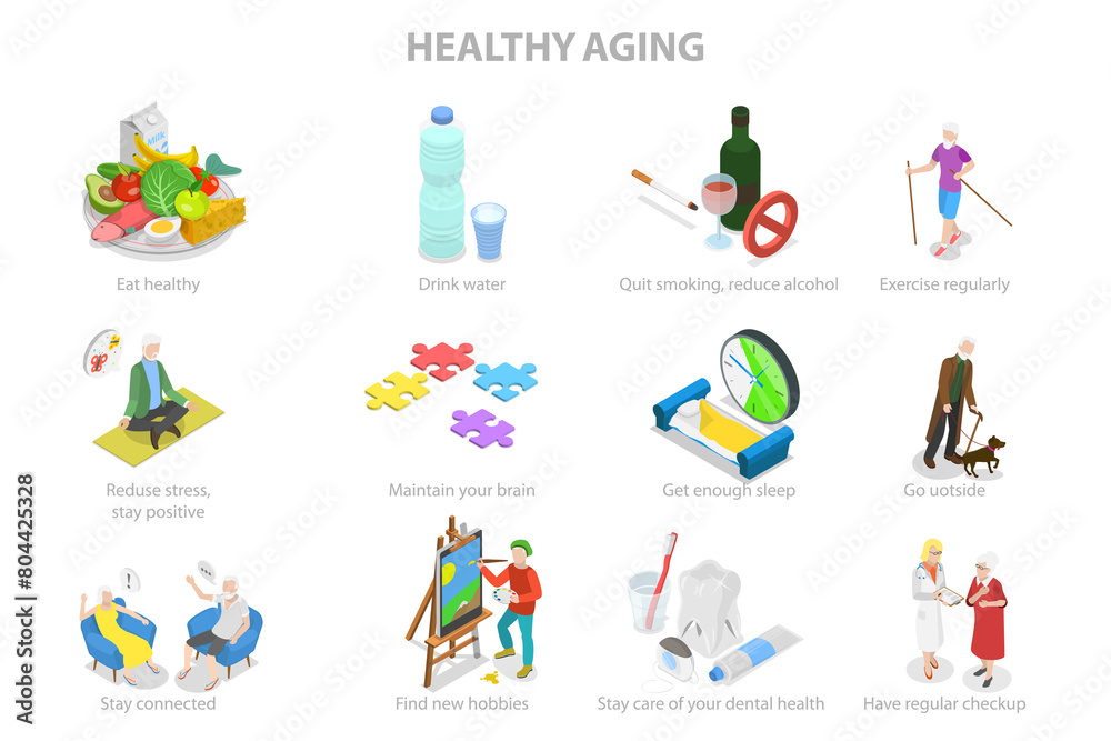 3D Isometric Flat Illustration of Healthy Aging, Physical Activity and Health Care for Elderly Senior People 3D Isometric Flat Illustration of Healthy Aging, Physical Activity and Health Care for Elderly Senior People