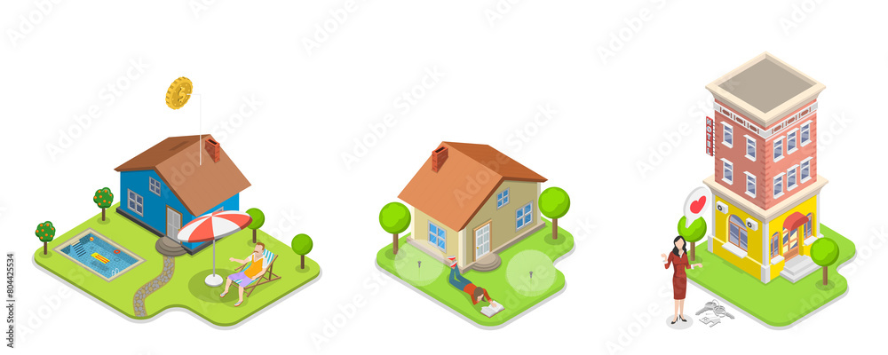 3D Isometric Flat  Illustration of Real Estate Types, Condominium, Detached House or Appartment