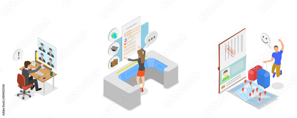 3D Isometric Flat Illustration of Entry Permission, Visa Application Approval 3D Isometric Flat Illustration of Entry Permission, Visa Application Approval
